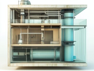 Cross-section of a wind-powered water filtration system with semi-transparent layers. White background.