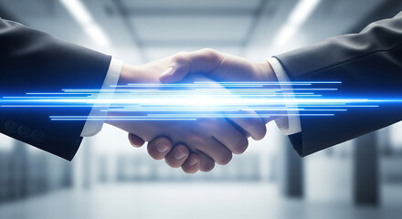 Professional handshake symbolizing successful business partnership, collaboration, and agreement in modern office setting with glowing digital lines