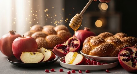 Festive Rosh Hashanah table with golden honey dripping onto red apple slices. Delicious round challah bread, vibrant pomegranates for a sweet Jewish New Year celebration.