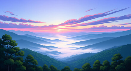 Majestic sunrise paints the mountain landscape with vibrant colors, creating a peaceful and inspiring atmosphere for travel and design projects