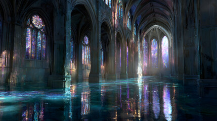 Fototapeta premium Interior of a Vast Gothic Cathedral with Reflections and Colored Light Streaming Through Stained Glass Windows
