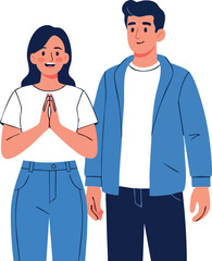 Young couple standing together smiling and holding hands with casual clothing and relaxed posture for lifestyle design vector illustration