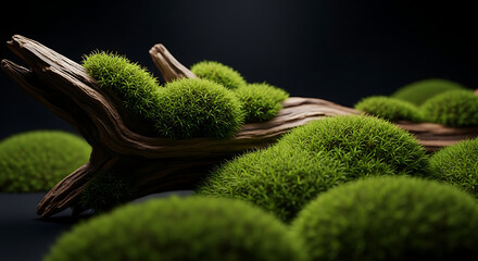 Lush green moss and aged wood create a serene natural scene, perfect for adding a touch of nature and tranquility to any project.