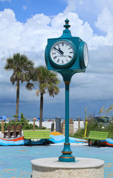 Iconic Fort Myers Beach clock, destroyed by Hurricane Ian in 2022, a new clock was installed on the one year anniversary of Hurricane Ian, Fort Myers Beach, Florida, USA.