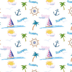 Seamless pattern with a yacht, seagulls, sun, anchor and steering wheel on the theme of summer travel