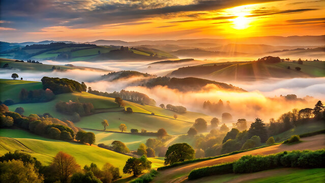 Sunrise Over Rolling Hills with Misty Valleys