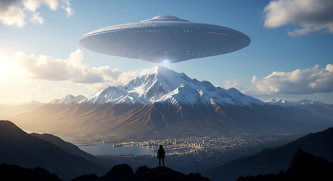 Mysterious UFO hovering over majestic snowy mountain range with cityscape below, inspiring awe and wonder