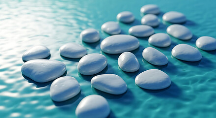 Smooth white river stones resting on serene, rippling turquoise water, evoking peace, tranquility, and zen-like calm for wellness and meditation