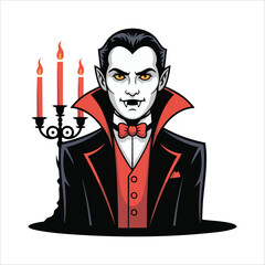 spooky Halloween vampire character in flowing black cloak vector art isolated on white background