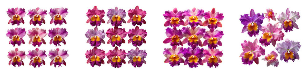Obraz premium Collection of vibrant pink and purple orchids with yellow centers isolated on transparent background