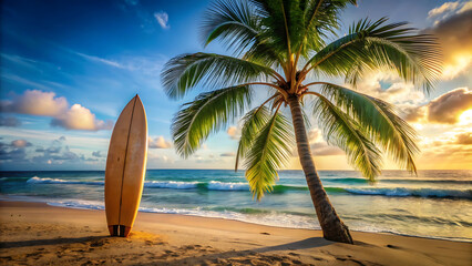 Surfboard Leaning Against Palm Tree with Ocean Background