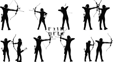Silhouettes of female archers aiming and shooting with bows, sport archery illustrations, vector set of athletic women