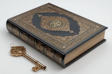 Fototapeta premium Discover divine wisdom with this ornate Quran and golden key, symbolizing spiritual enlightenment and sacred knowledge