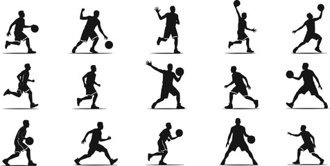 Silhouettes of male basketball players in various action poses including dribbling