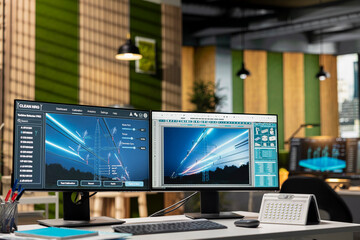 Empty alternative energy tech company with design program on computer display used for monitoring...