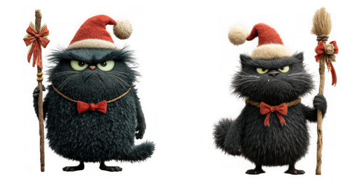 Two grumpy black cartoon cats wearing santa hats and holding staffs, representing a humorous and quirky christmas theme isolated on transparent background