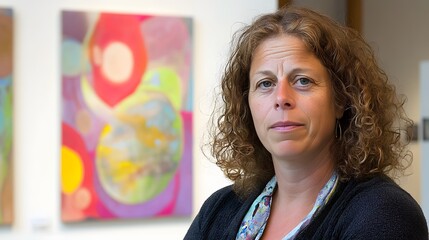 Woman with Curly Hair Posing Near Abstract Artwork