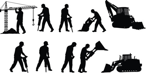 Silhouette construction workers operating jackhammers, loaders, cranes, heavy equipment, manual labor, safety helmets, construction site, industrial machinery