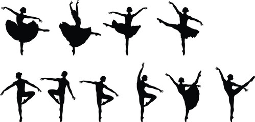 Silhouette of ballerinas and male dancers, ballet poses collection, classical dance performance, elegant choreography, artistic movement, stage performance, dance art, graceful body form
