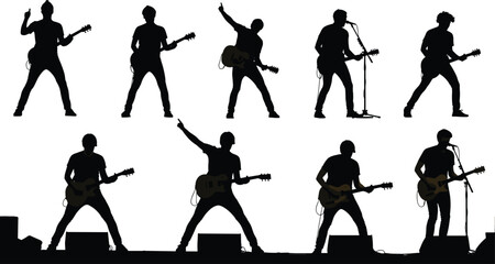 Silhouettes of guitar players performing on concert stage, live rock music show with singers and musicians, entertainment event, sound, lights, band performance energy