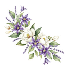 Watercolor floral bouquet with clematis and magnolia, Hand-drawn botanical illustration of spring flowers, Elegant vintage floral arrangement for wedding invitations