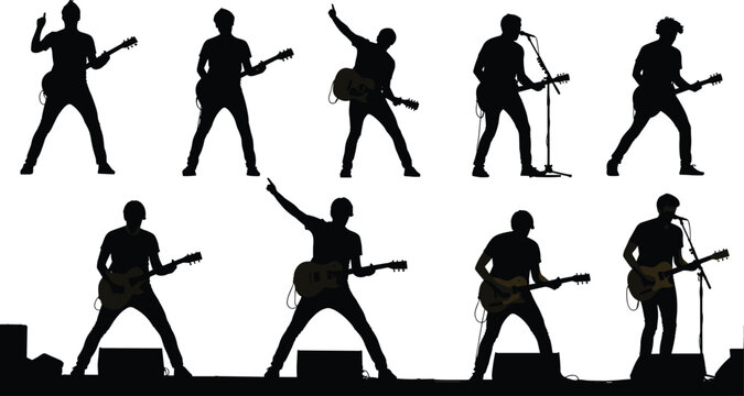 Silhouettes of guitar players performing on concert stage, live rock music show with singers and musicians, entertainment event, sound, lights, band performance energy