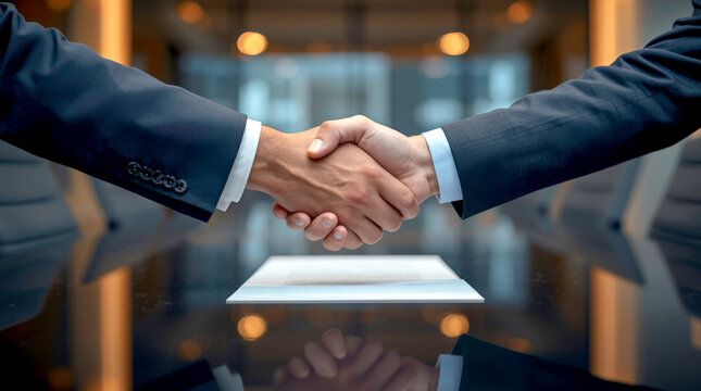 Negotiation and Agreement. close-up shot of two people in business attire shaking hands over a sleek conference table. The focus is on their hands and the firm grip