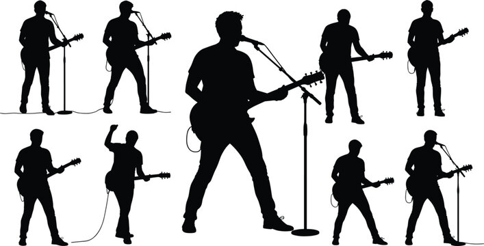 Silhouette of male guitarist playing electric guitar and singing into microphone, live music concert performance, rock band show, music event, stage, sound, entertainment