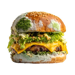 A moldy hamburger with cheese and lettuce, symbolizing spoiled food and waste.