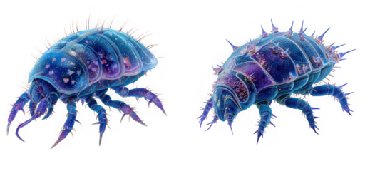 Two detailed blue and purple alien insects with spiky shells, isolated on transparent background