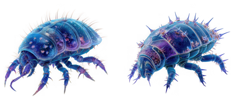 Two detailed blue and purple alien insects with spiky shells, isolated on transparent background