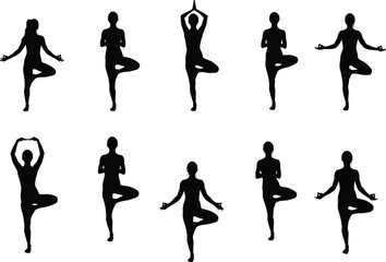 Yoga tree pose silhouettes, women practicing balance, mindfulness, and meditation, vector black silhouettes isolated on white background, fitness concept