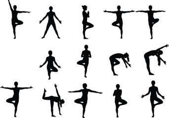 Yoga silhouette set, body posture collection, black vector illustration, tree pose