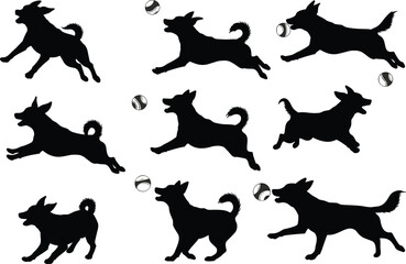 Dog silhouette set, baseball interaction poses, black vector illustration, jumping, running