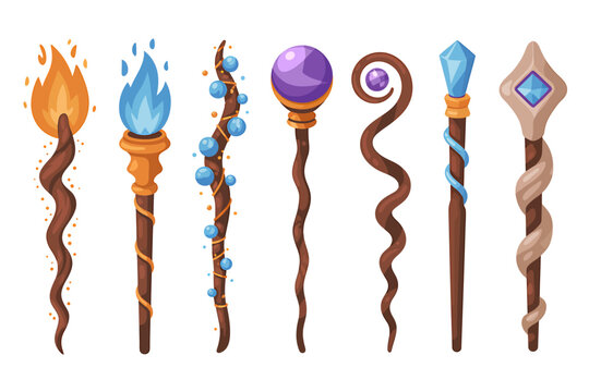 Set of Magic Wands and Staffs for Wizards and Sorcerers with Different Crystals and Enchanted Elements for Fantasy Role Playing Games