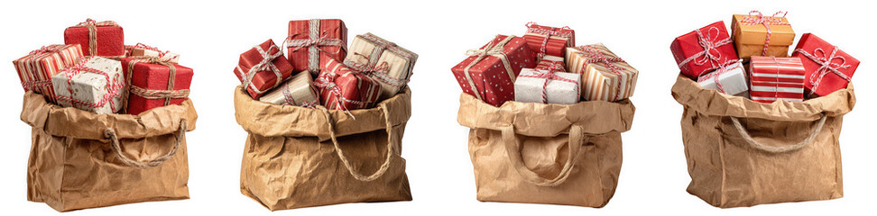Obraz premium Four brown paper gift bags overflowing with wrapped christmas presents in red and white, isolated on a transparent background