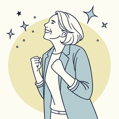 Woman celebrating with fists raised in excitement and joy with sparkles around her