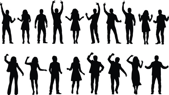 Dancing people silhouette set, celebration and joy poses, party vector icons, expressive movement, black design, male and female figures