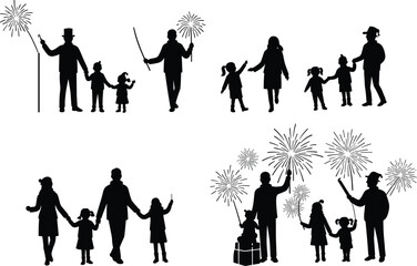 Family fireworks celebration silhouettes, festive vector icons, adults and children with sparklers, holiday joy, dog included, black design collection