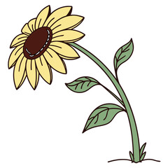 A cartoon sunflower with yellow petals and green leaves growing in the ground