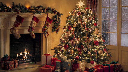Cozy christmas scene with decorated tree and fireplace