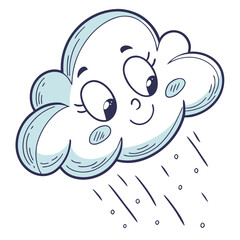 A cartoon cloud with a smiling face and raindrops falling from it in the air