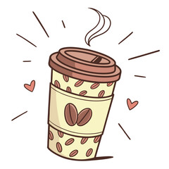 A cartoon illustration of a steaming hot coffee cup with hearts and coffee beans