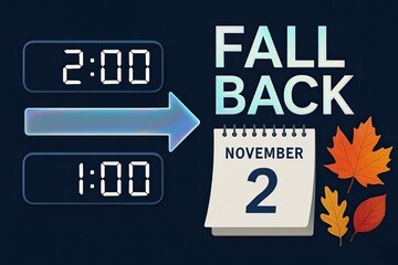 USA Winter Time Change 2025 Poster with Fall Back Text, Digital Clocks Showing 2:00 and 1:00, Calendar November 2 and Autumn Leaves