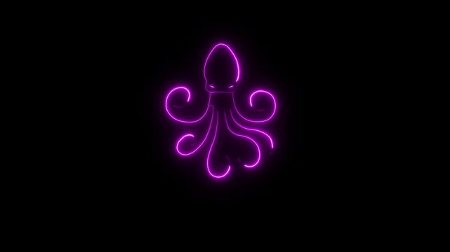 Glowing neon line purple color Octopus icon. 4k video animation