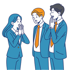 Business people in blue suits with orange ties and shocked expressions talking to each other