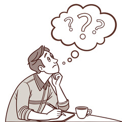 man sitting at table with thought bubble and question marks