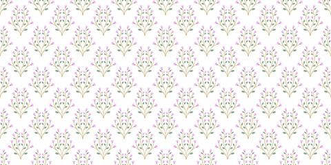 Elegant seamless botanical pattern featuring small pink flowers and leafy branches. Ideal for textile prints, eco-friendly packaging, wrapping paper, and decorative backgrounds.
