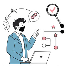 man in face mask working on laptop with checkmark and flowchart nearby