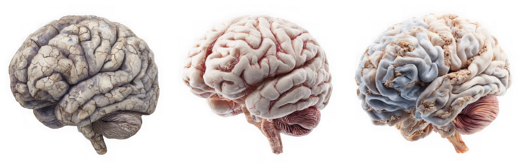 Three human brains showing different stages of aging, isolated on a transparent background